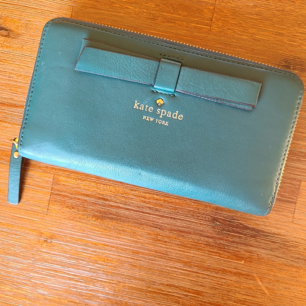 Kate Spade Leather turquoise teal blue green gold wallet clutch purse mini bag